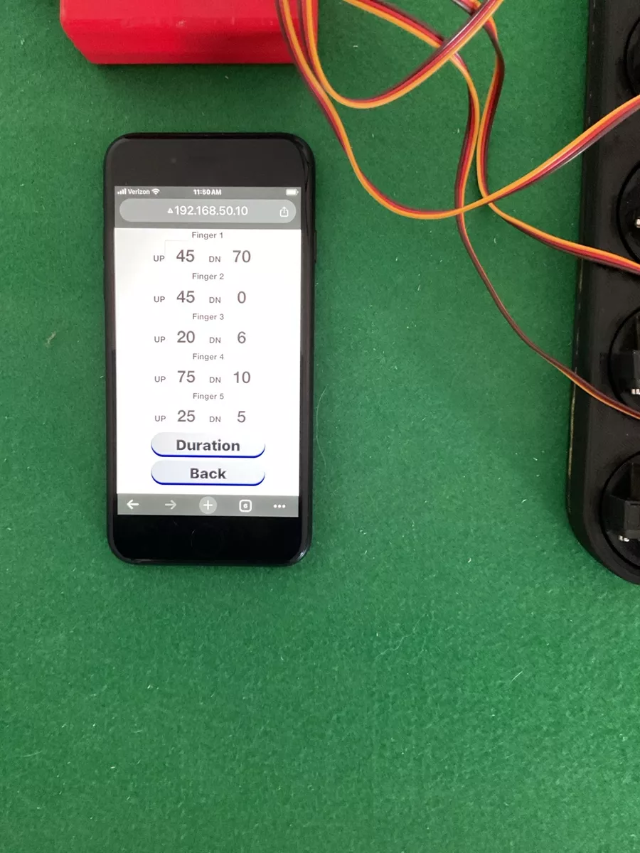 MA3 Claw browser interface displaying per-finger up and down position settings