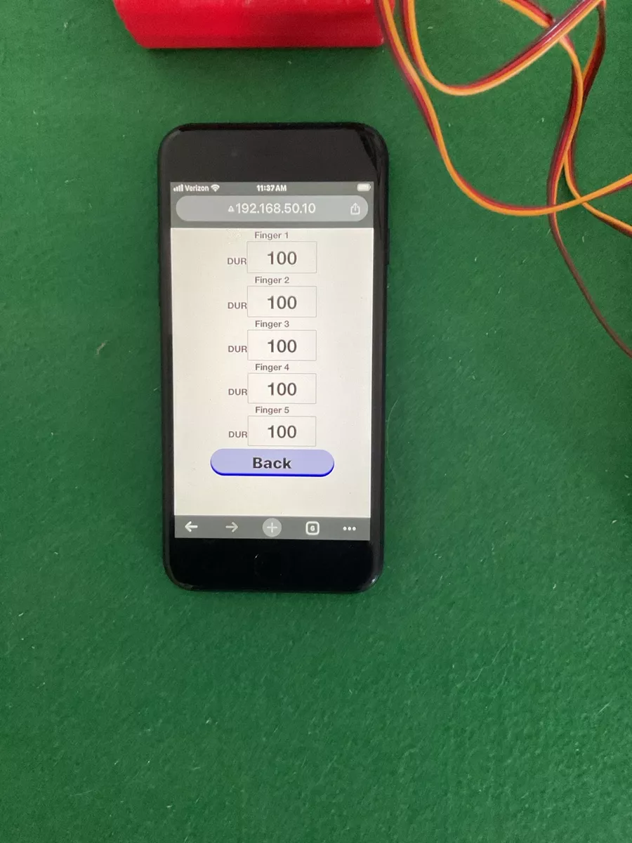 MA3 Claw browser interface displaying configurable duration values for five fingers